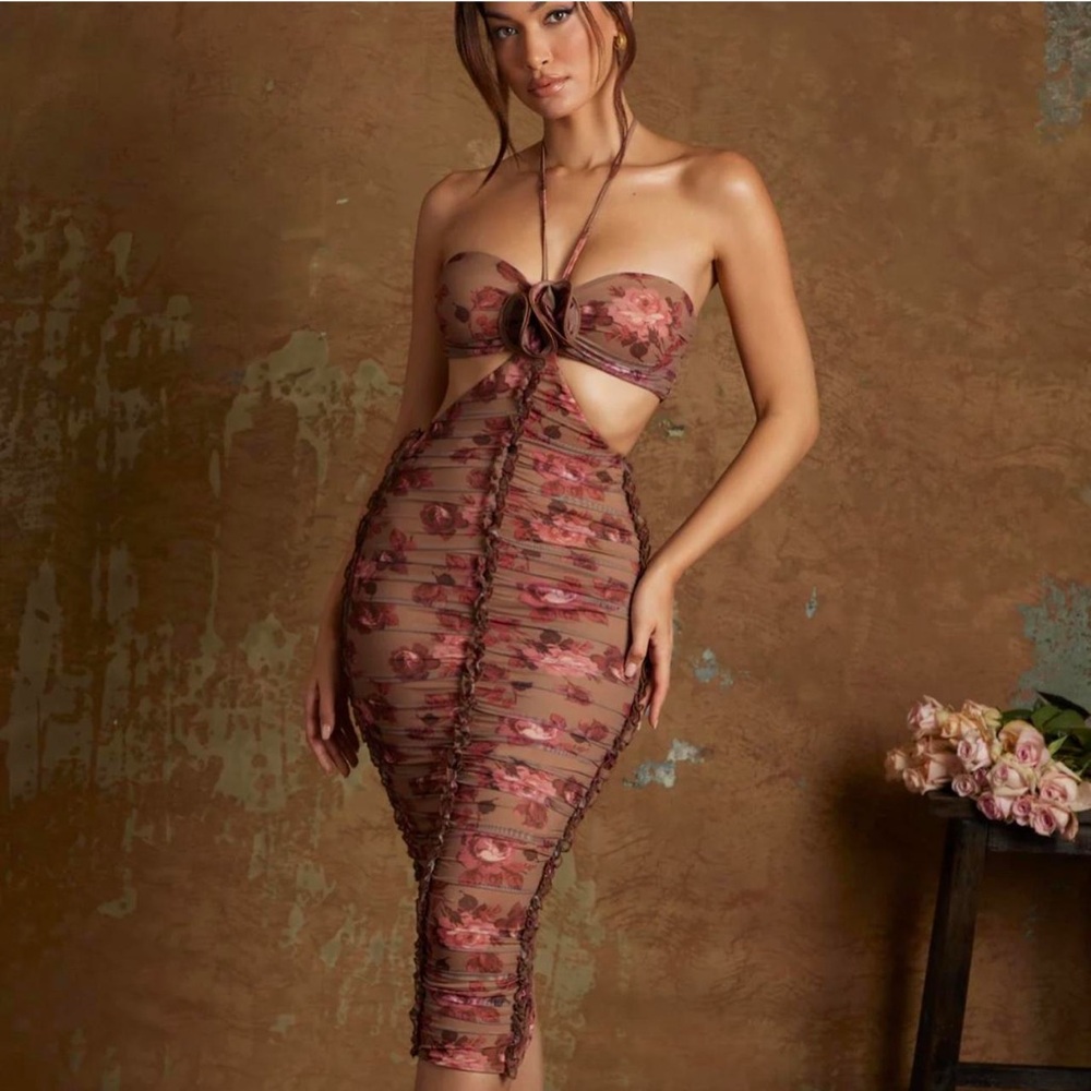 Oh Polly Aergilla Floral Mesh Cut-Out Dress